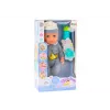 LEAN TOYS Baby Doll in grauem Schlafanzug, mit Trinkflasche, Schnuller und Babygeräuschen