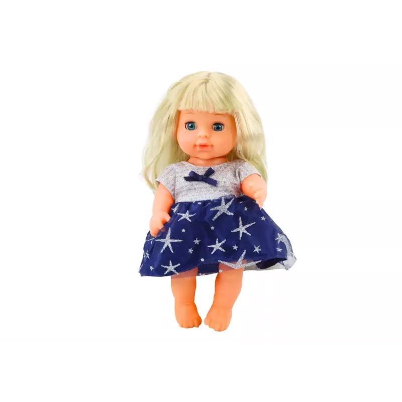 LEAN TOYS Puppe in marineblauem Kleid mit Pipi-Funktion, Flasche und Rasselgeräuschen