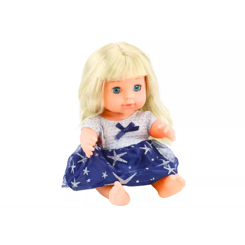 LEAN TOYS Puppe in marineblauem Kleid mit Pipi-Funktion, Flasche und Rasselgeräuschen