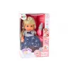 LEAN TOYS Puppe in marineblauem Kleid mit Pipi-Funktion, Flasche und Rasselgeräuschen