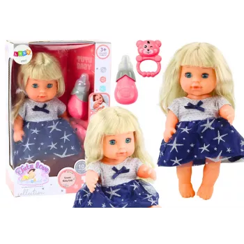 LEAN TOYS Puppe in marineblauem Kleid mit Pipi-Funktion, Flasche und Rasselgeräuschen