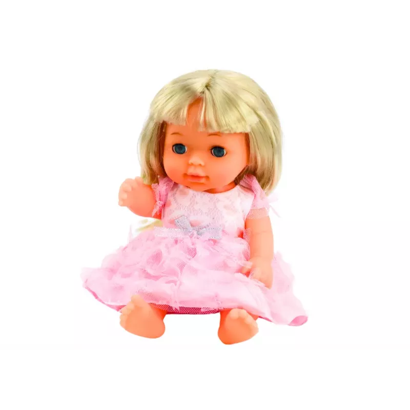 LEAN TOYS Puppe im hellrosa Kleid mit Pipi-Funktion, Fläschchen und Rassel