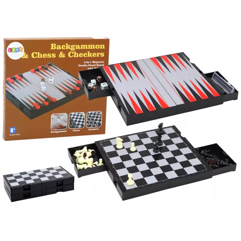 LEAN TOYS 3in1 Spielset Magnetisches Brett Schach Dame Backgammon