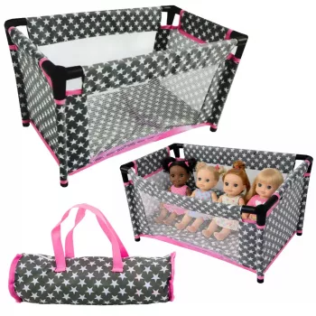 LEAN TOYS Alice Puppenbett mit Sternen, Tasche, Decke, Kissen, Grau und Pink