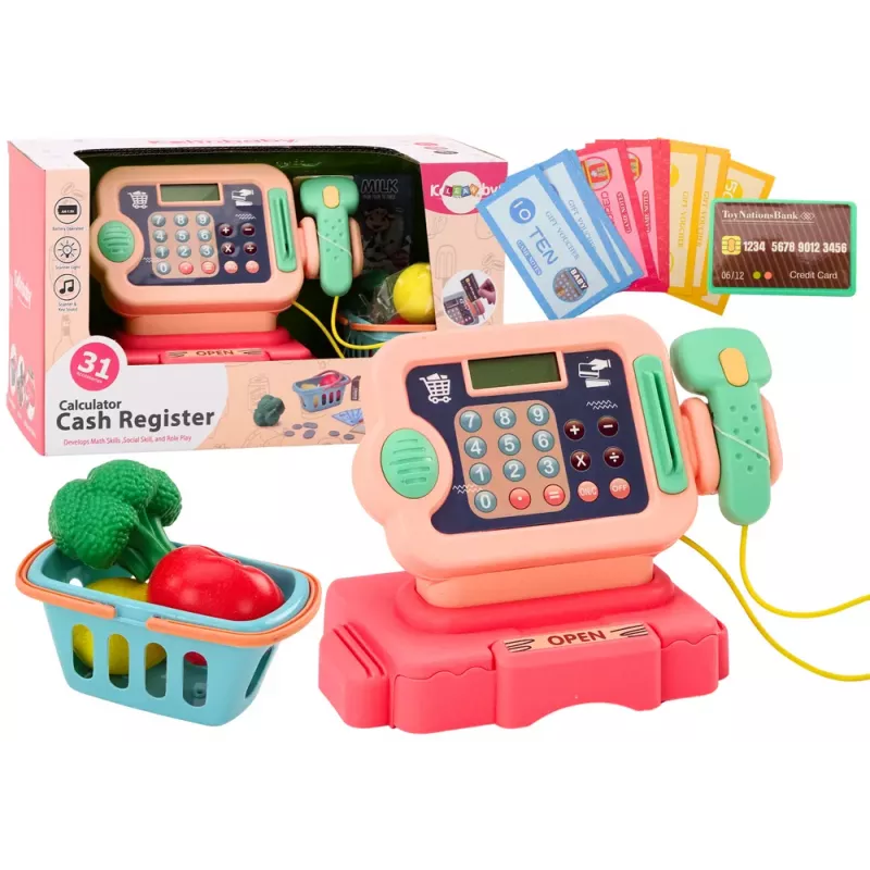LEAN TOYS Registrierkasse Spielzeug Lernen Zählen Münzen Einkaufswagen Lichter Geräusche Pink