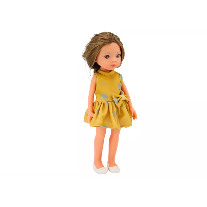 LEAN TOYS Puppe Gelbes Kleid Braune Haare Große Puppe 33cm