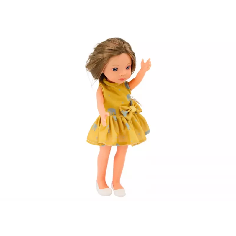 LEAN TOYS Puppe Gelbes Kleid Braune Haare Große Puppe 33cm
