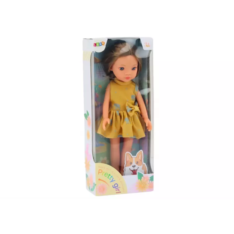 LEAN TOYS Puppe Gelbes Kleid Braune Haare Große Puppe 33cm