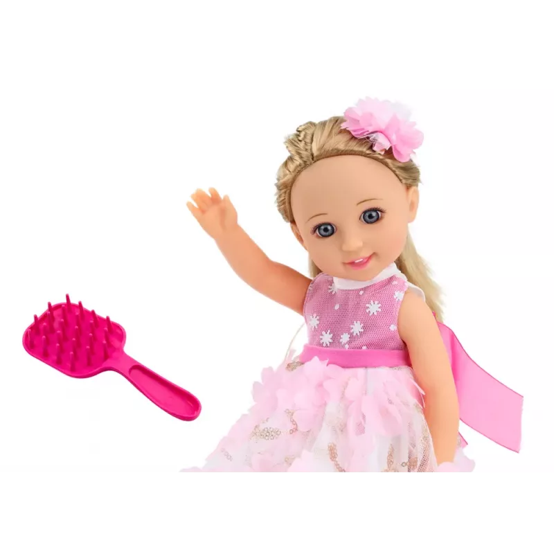 LEAN TOYS Puppe Rosa Kleid Lange Haare Haarnadel Bürste 38cm
