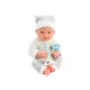 LEAN TOYS Babypuppe in weiß-grau gestreifter Kleidung, Mütze, Schnuller, Decke