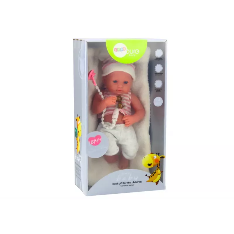 LEAN TOYS Babypuppe in weißer und rosa Kleidung, Mütze, Schnuller und Decke