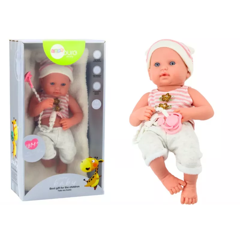 LEAN TOYS Babypuppe in weißer und rosa Kleidung, Mütze, Schnuller und Decke