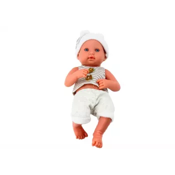 LEAN TOYS Babypuppe in weißer und grauer Kleidung, mit Mütze, Schnuller und Decke