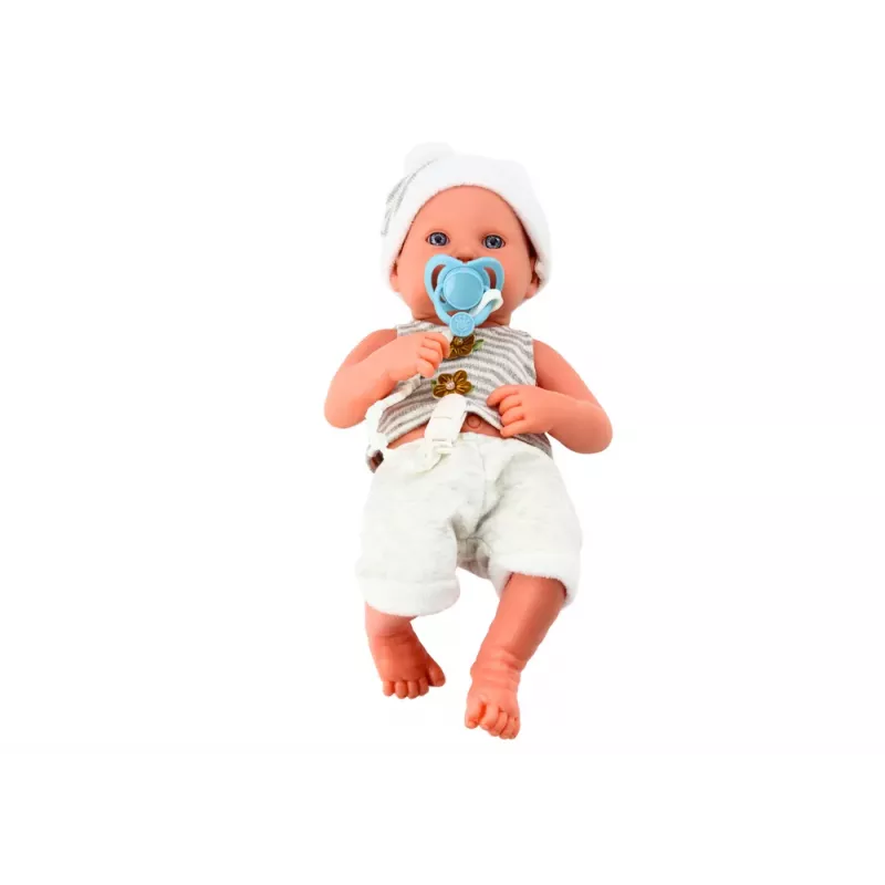 LEAN TOYS Babypuppe in weißer und grauer Kleidung, mit Mütze, Schnuller und Decke