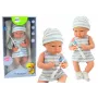 LEAN TOYS Babypuppe in blau-weißer Kleidung, mit Mütze, Schnuller, Lätzchen, Decke