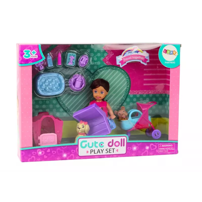 LEAN TOYS Puppe mit Hunden, Hundepuppe, Zwinger-Zubehör, Pink, Welpe, 16 Teile