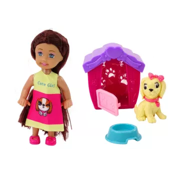 LEAN TOYS Mini Puppe langes Haar buntes Kleid Hund Buda