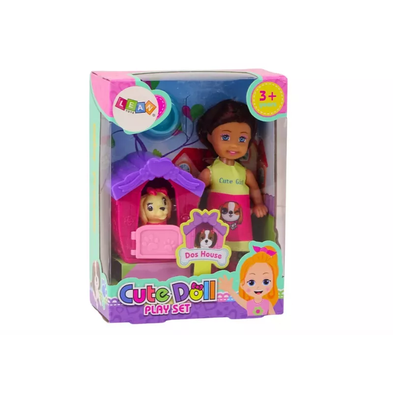 LEAN TOYS Mini Puppe langes Haar buntes Kleid Hund Buda