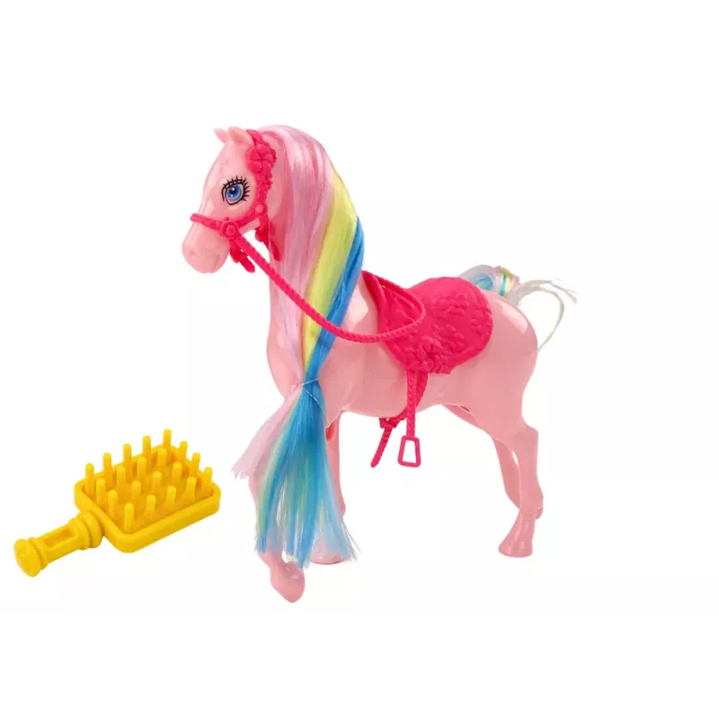 LEAN TOYS Figur Pferd mit bunter Mähne und rosa Bürstensattel