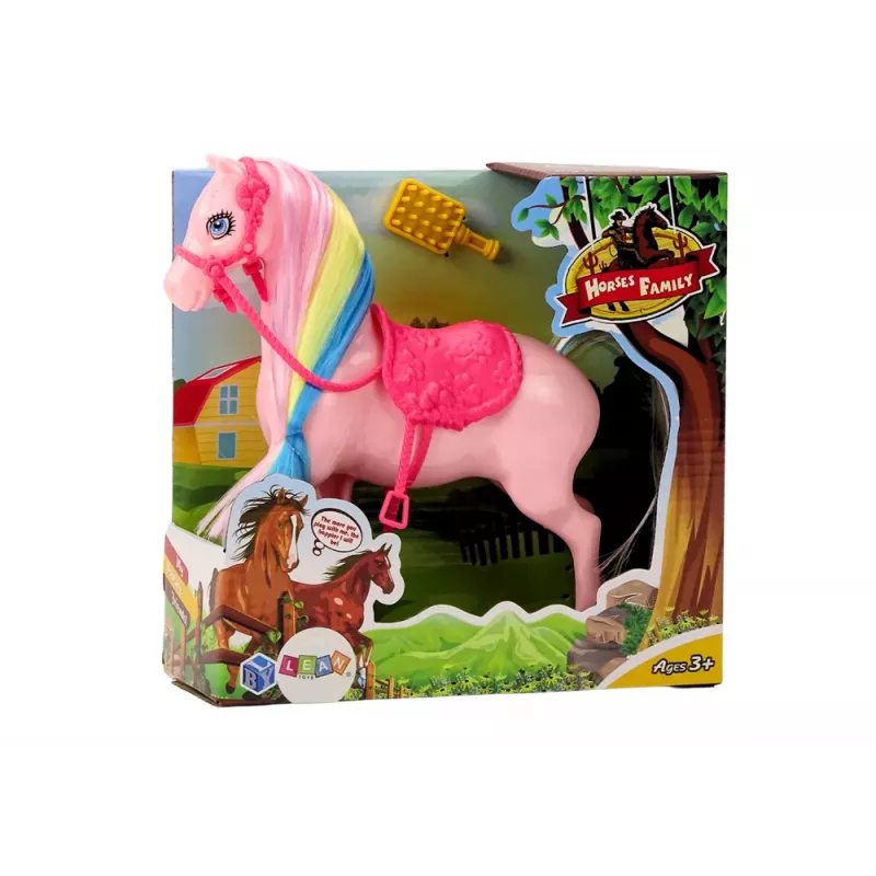 LEAN TOYS Figur Pferd mit bunter Mähne und rosa Bürstensattel