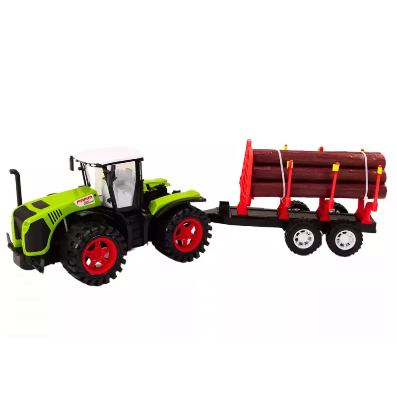 LEAN TOYS Farm Tractor mit Holz-Anhänger und 9 Bali-Bäumen - Green Drive