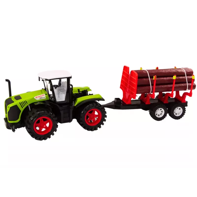 LEAN TOYS Farm Tractor mit Holz-Anhänger und 9 Bali-Bäumen - Green Drive
