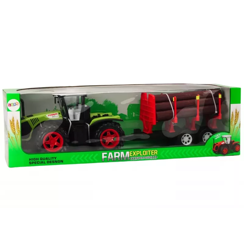 LEAN TOYS Farm Tractor mit Holz-Anhänger und 9 Bali-Bäumen - Green Drive