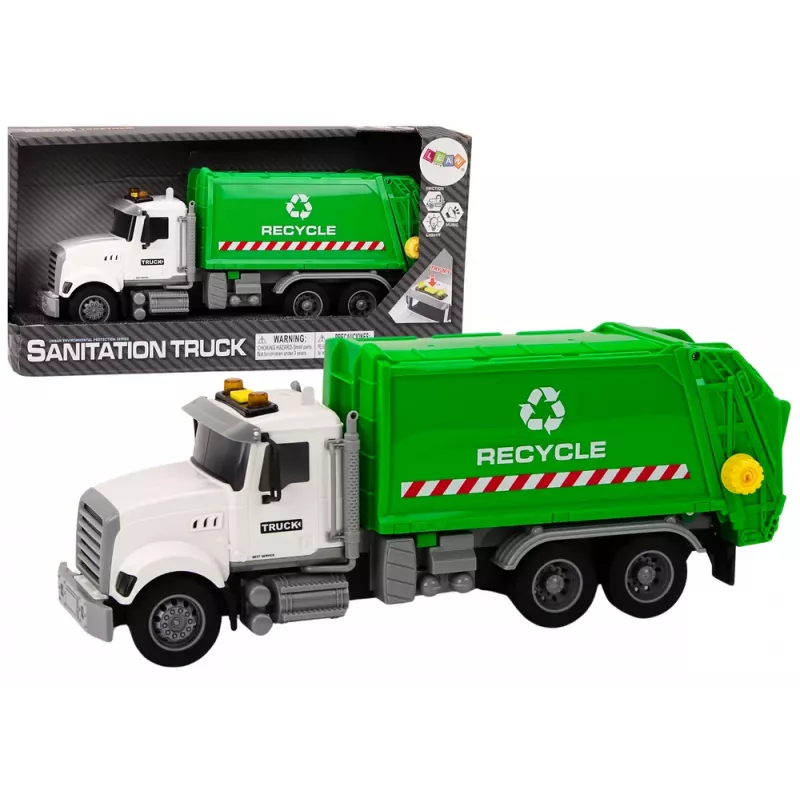LEAN TOYS Müllwagen mit Mülltonnen, Lichtern, Geräuschen, Reibungsantrieb, Weiß und Grün