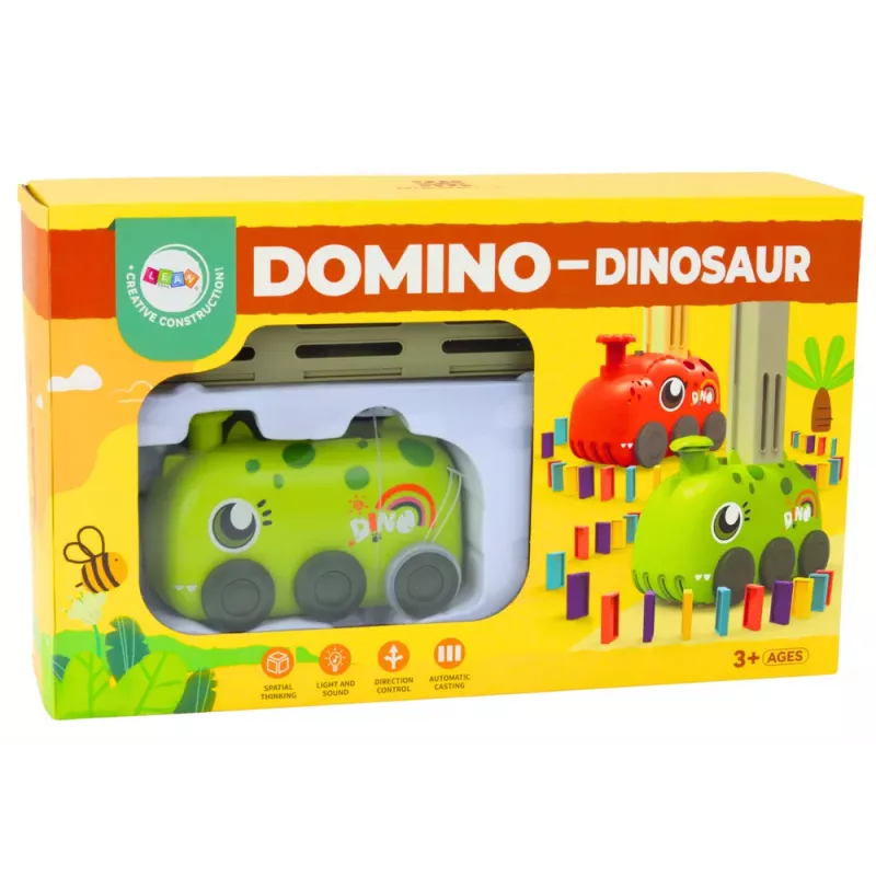 LEAN TOYS Batteriebetriebenes grünes Dinosaurier-Auto zum Anordnen bunter Dominosteine, 4 Farben Blöcke