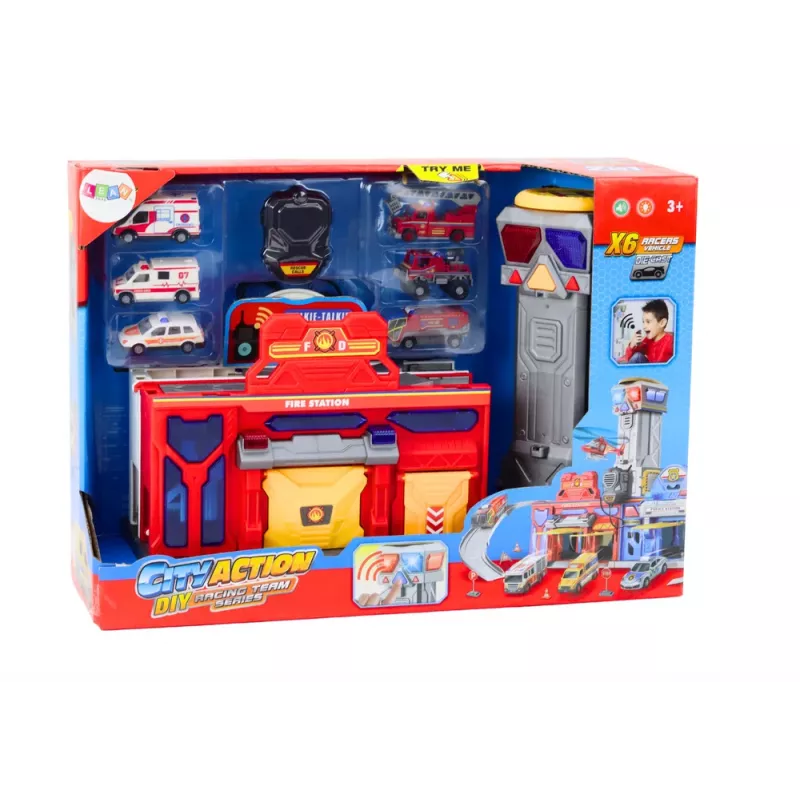 LEAN TOYS Base Feuerwehr Krankenhaus Einsatzzentrale Fahrzeuge 6 Stück