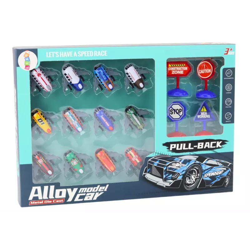 LEAN TOYS Set mit 12 Spielzeugautos, Antriebsflugzeugen, 5cm Verkehrsschildern