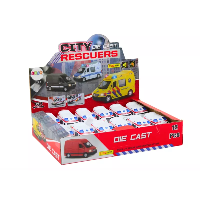 LEAN TOYS Ambulance 1:32 mit Türen zum Öffnen, Licht, Sound, Friction Drive, Weiß