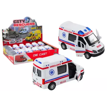 LEAN TOYS Ambulance 1:32 mit Türen zum Öffnen, Licht, Sound, Friction Drive, Weiß