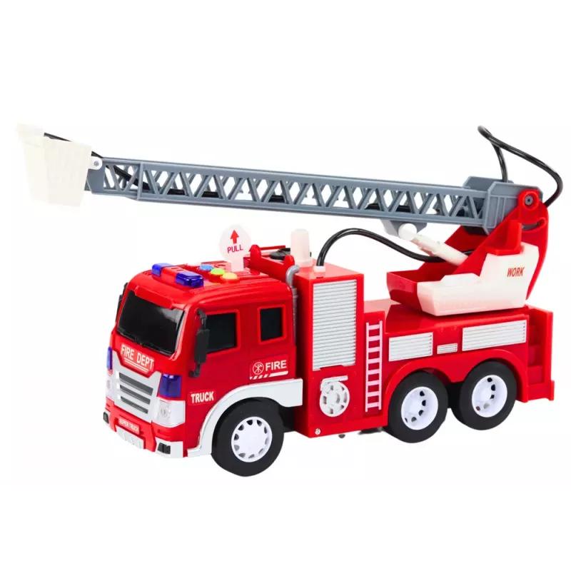 LEAN TOYS Feuerwehrauto mit Ausleger 1:16 Lichter Geräusche Wasser Antrieb Rot