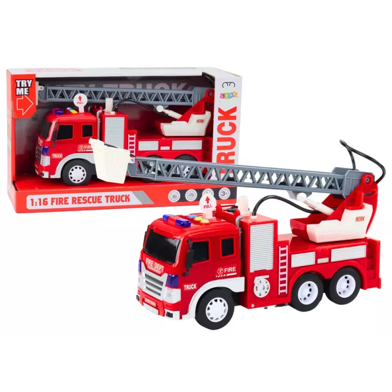 LEAN TOYS Feuerwehrauto mit Ausleger 1:16 Lichter Geräusche Wasser Antrieb Rot