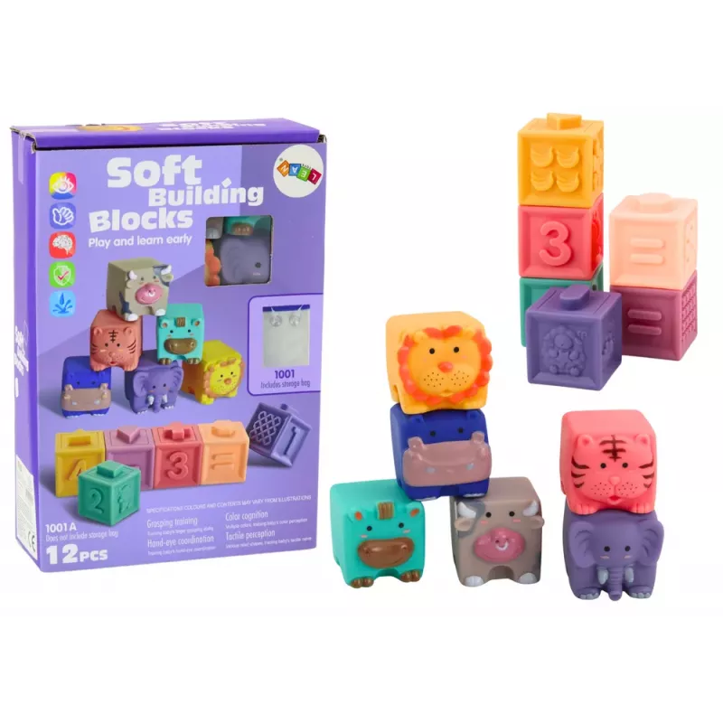 LEAN TOYS Weiche Lernbausteine Tiere Zahlen Buchstaben Bunt 12 Stk