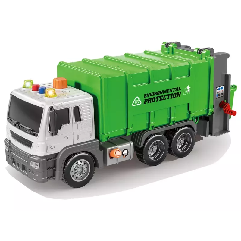 LEAN TOYS Müllwagen mit Reibungsantrieb, Soundeffekte, Grün, 1:16, Sortierung