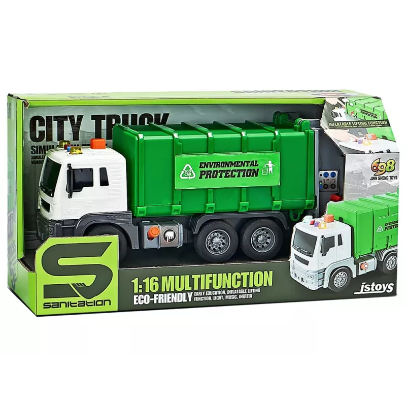 LEAN TOYS Müllwagen mit Reibungsantrieb, Soundeffekte, Grün, 1:16, Sortierung