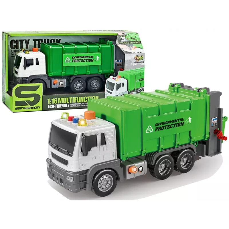 LEAN TOYS Müllwagen mit Reibungsantrieb, Soundeffekte, Grün, 1:16, Sortierung