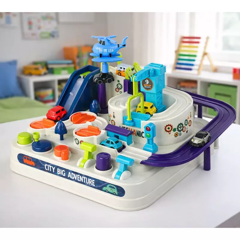 LEAN TOYS Hindernisparcours Interaktives Parkhaus für Kinder mit vier Autos