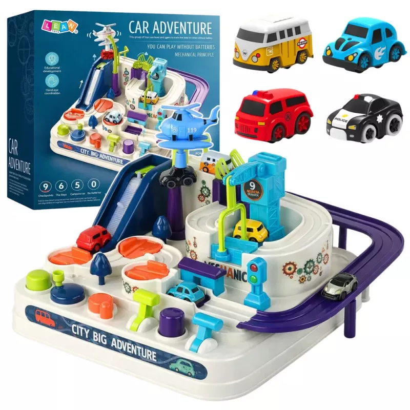 LEAN TOYS Hindernisparcours Interaktives Parkhaus für Kinder mit vier Autos