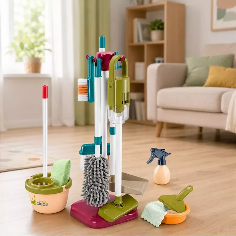 LEAN TOYS Reinigungsset mit Staubsauger, Mopp, Ständer und Zubehör für Kinder, 23-teilig