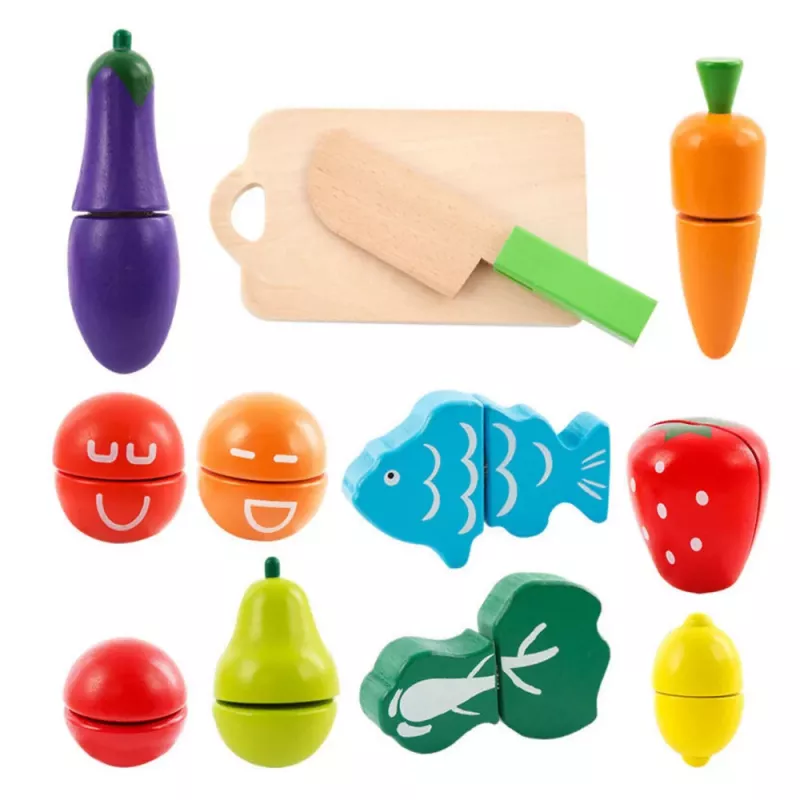 LEAN TOYS Gemüse- und Obstschneideset im Eimer mit Brett, Messer, Holz