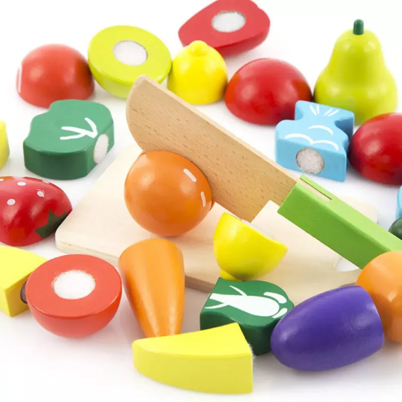 LEAN TOYS Gemüse- und Obstschneideset im Eimer mit Brett, Messer, Holz