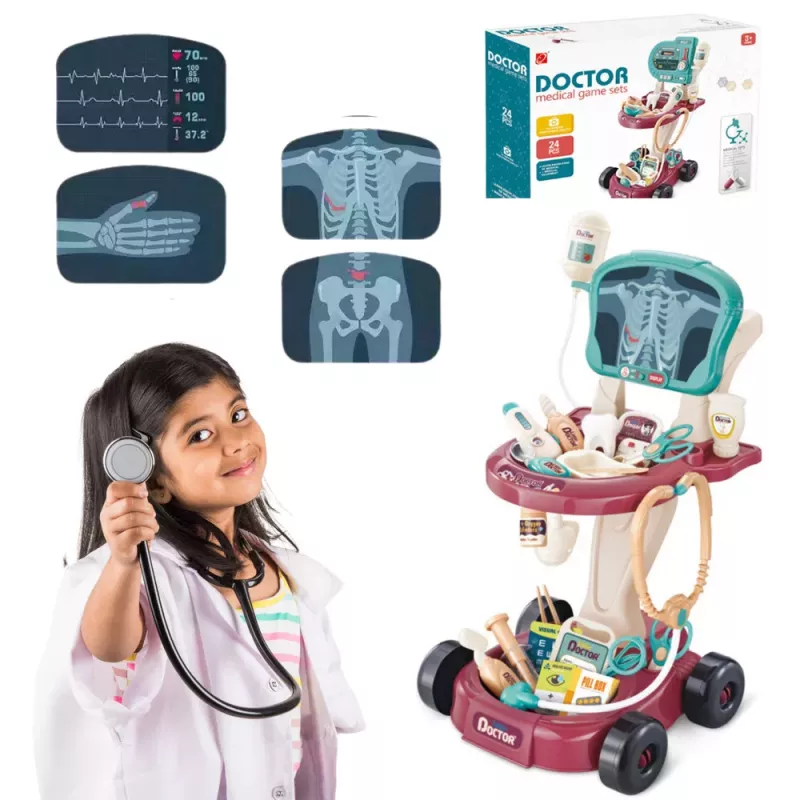 LEAN TOYS Medical Set auf einem Wagen, Kleiner Arzt Tisch, EKG Werkzeuge