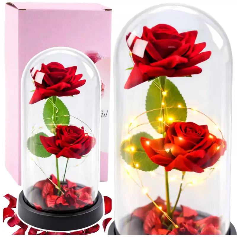 LEAN Eternal 2 Roses in Dome with LED Lighting and Rose Petals Red 21x11cm
