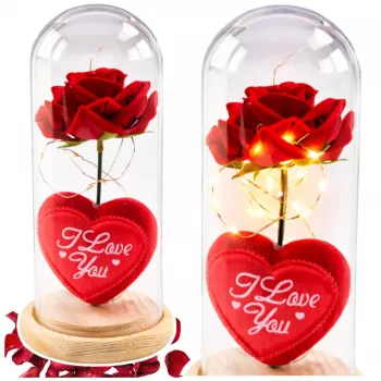 LEAN Eternal Rose in Dome mit LED-Beleuchtung Rot mit Herz 18,5x8 cm