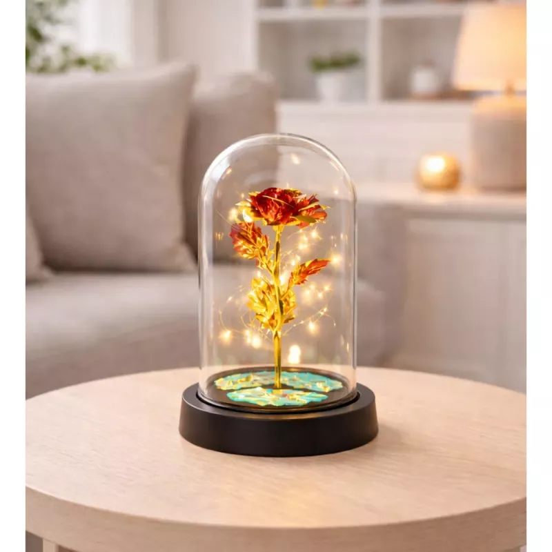 LEAN Eternal Crystal Rose in Dome with LED Lighting Red 21x11cm