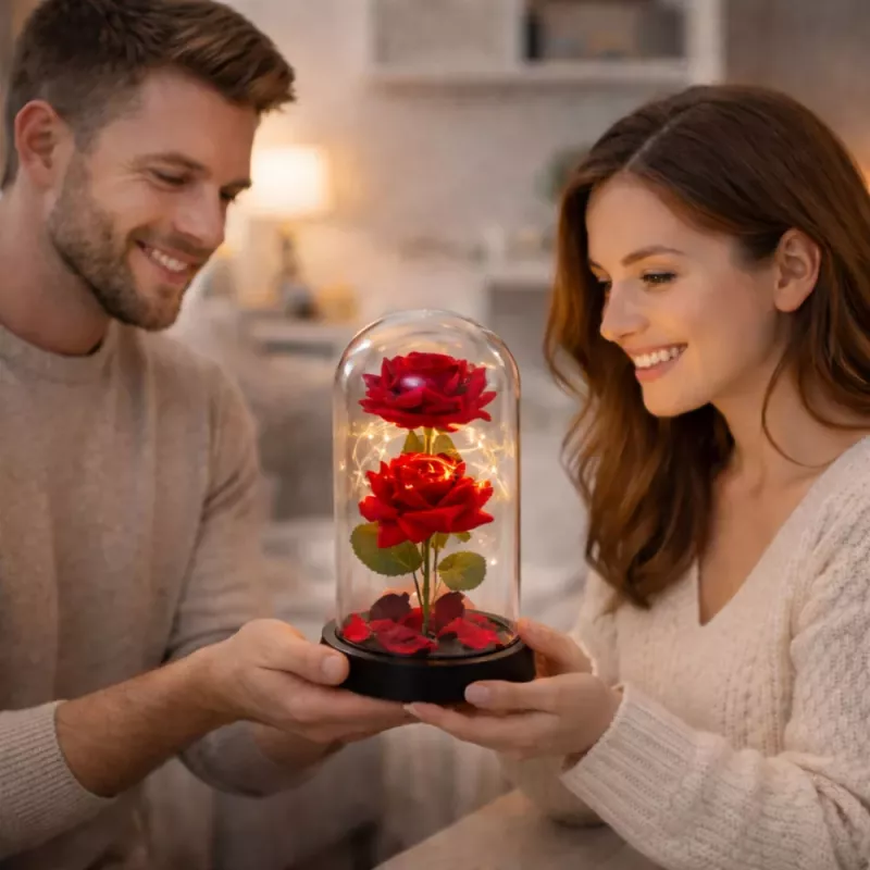 LEAN Eternal 2 Roses in Dome with LED Lighting and Rose Petals Red 21x11cm