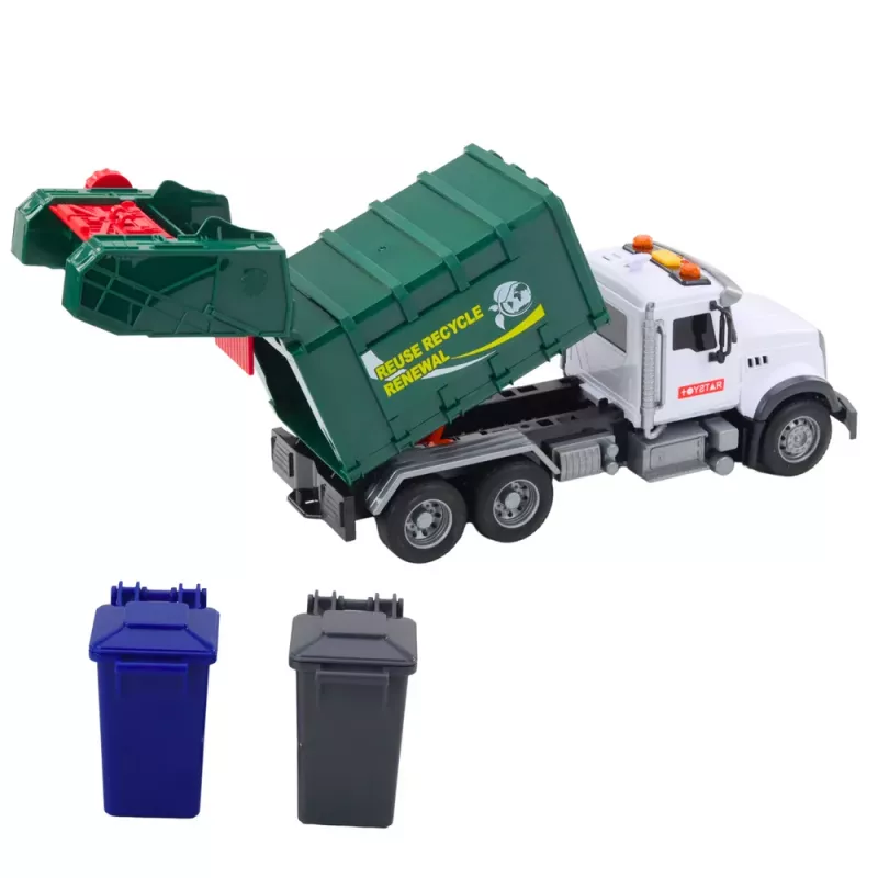 LEAN TOYS Müllwagen mit Mülltonnen, Licht und Sound, Grün, Maßstab 1:14